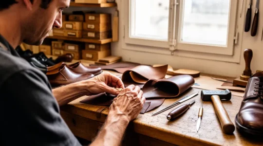 Artisan chausseur travaillant sur établi dans atelier français lumineux