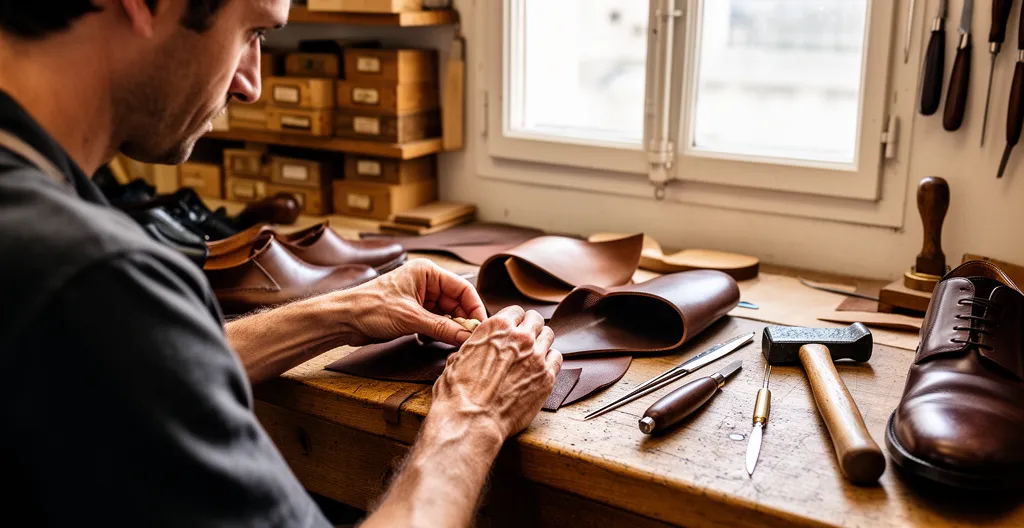 Artisan chausseur travaillant sur établi dans atelier français lumineux