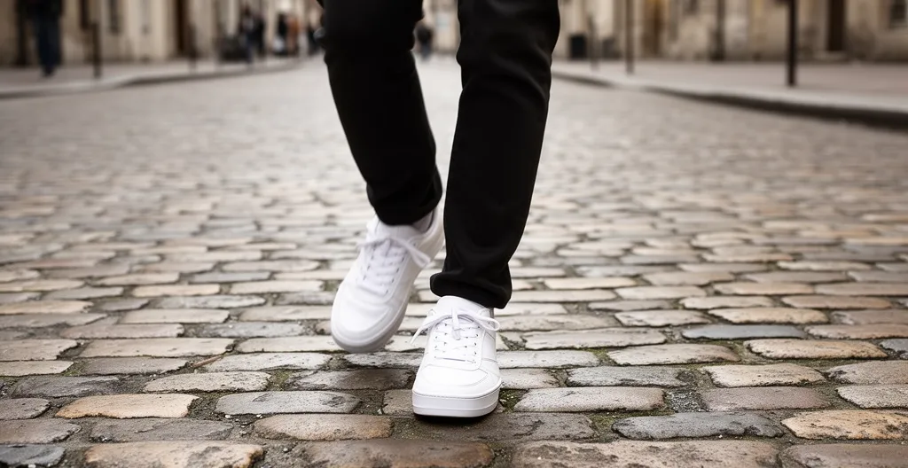 Personne marchant en ville portant des baskets blanches françaises