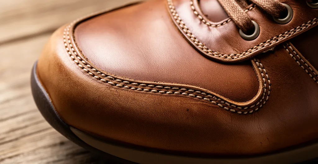 Gros plan sur coutures soignées et cuir pleine fleur d'une basket française