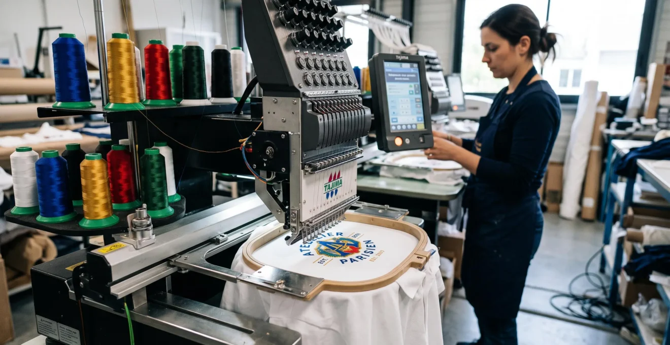 Machine à broder numérique professionnelle en fonctionnement, tête de broderie automatisée personnalisant un polo blanc avec un logo multicolore, bobines de fils industriels colorées au premier plan, atelier de production textile moderne