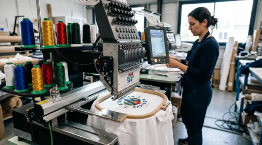 Machine à broder numérique professionnelle en fonctionnement, tête de broderie automatisée personnalisant un polo blanc avec un logo multicolore, bobines de fils industriels colorées au premier plan, atelier de production textile moderne