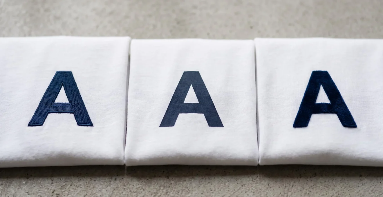 Trois t-shirts blancs identiques alignés horizontalement, chacun personnalisé avec le même logo réalisé en technique différente : broderie avec relief à gauche, sérigraphie aplat au centre, flocage velouté à droite